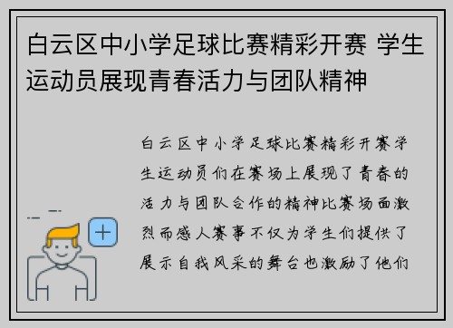 白云区中小学足球比赛精彩开赛 学生运动员展现青春活力与团队精神