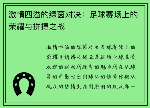 激情四溢的绿茵对决：足球赛场上的荣耀与拼搏之战