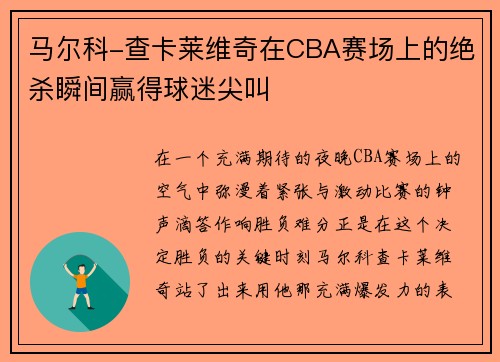 马尔科-查卡莱维奇在CBA赛场上的绝杀瞬间赢得球迷尖叫